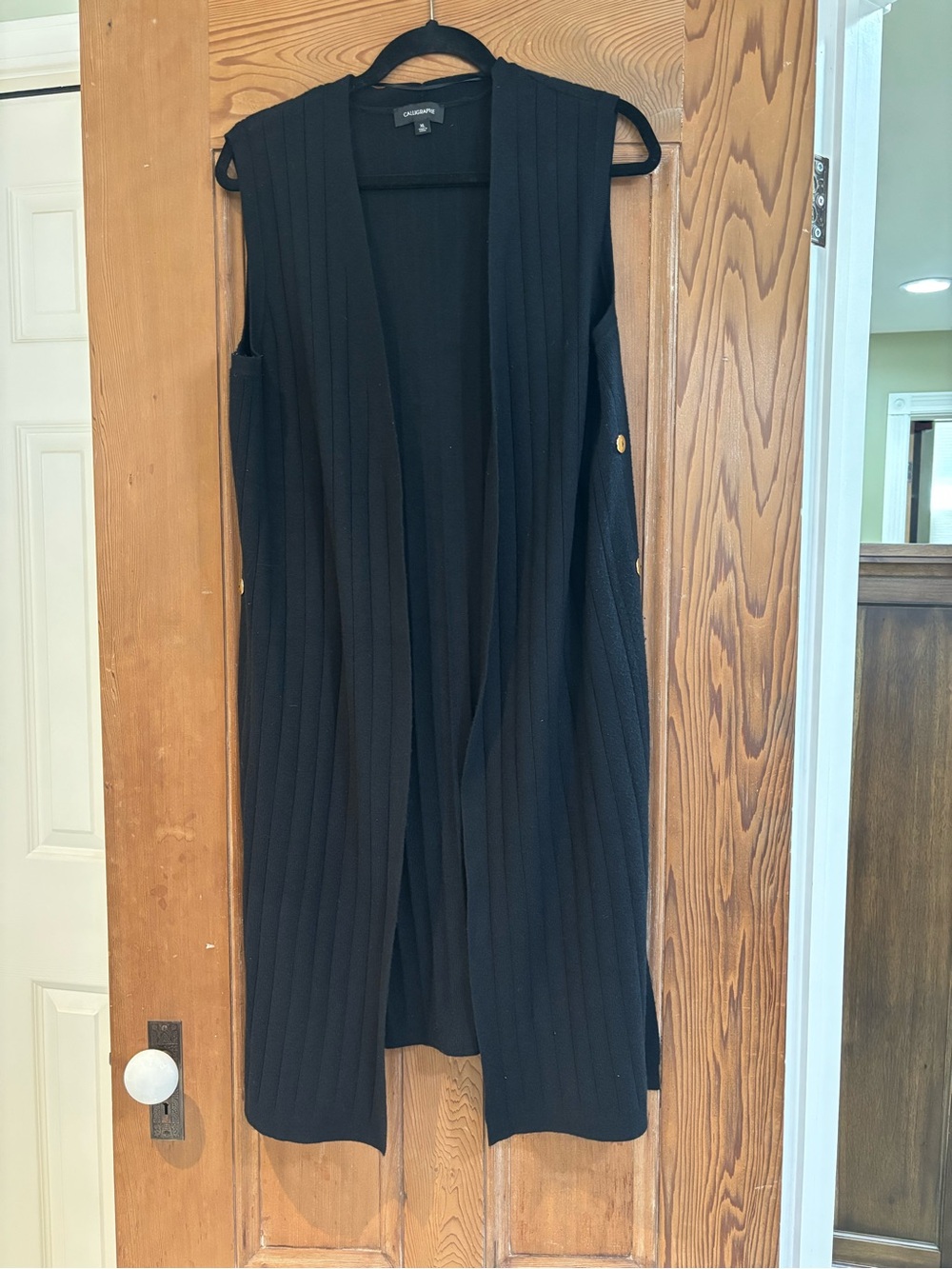Calligraphie  Black Ribbed Long Sleeveless Vest with Gold Buttons Size XL
